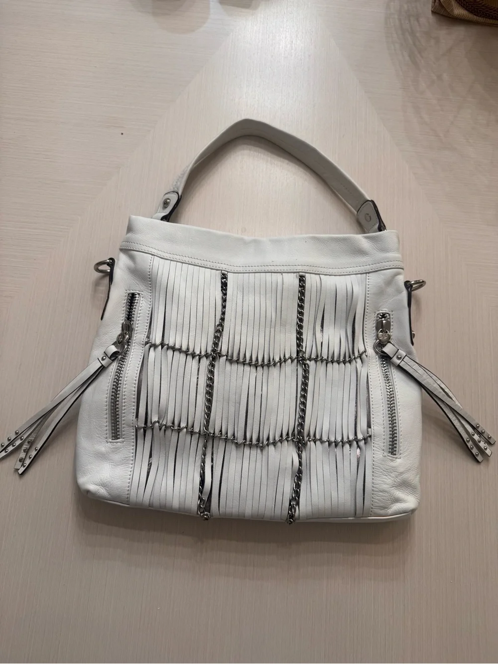 B. Makowsky Alexis White Leather Fringe Chain Hobo Shoulder Bag Large